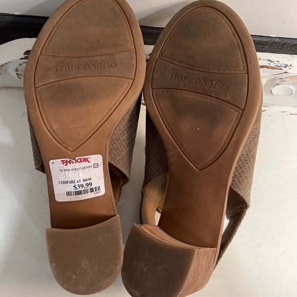 FRANCO SARTO Leather Suede Tan Brown Open Toe 3" Block Heels size 7.5 - Picture 8 of 9